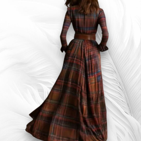 Plaid Long Sleeve Maxi Shirt Dress With Belt – Brown Navy Red - Picture 2 of 11